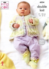 Knitting Pattern - King Cole 6034 - Cutie Pie DK - Overtop, Cardigan, Matinee Jacket and Bootees